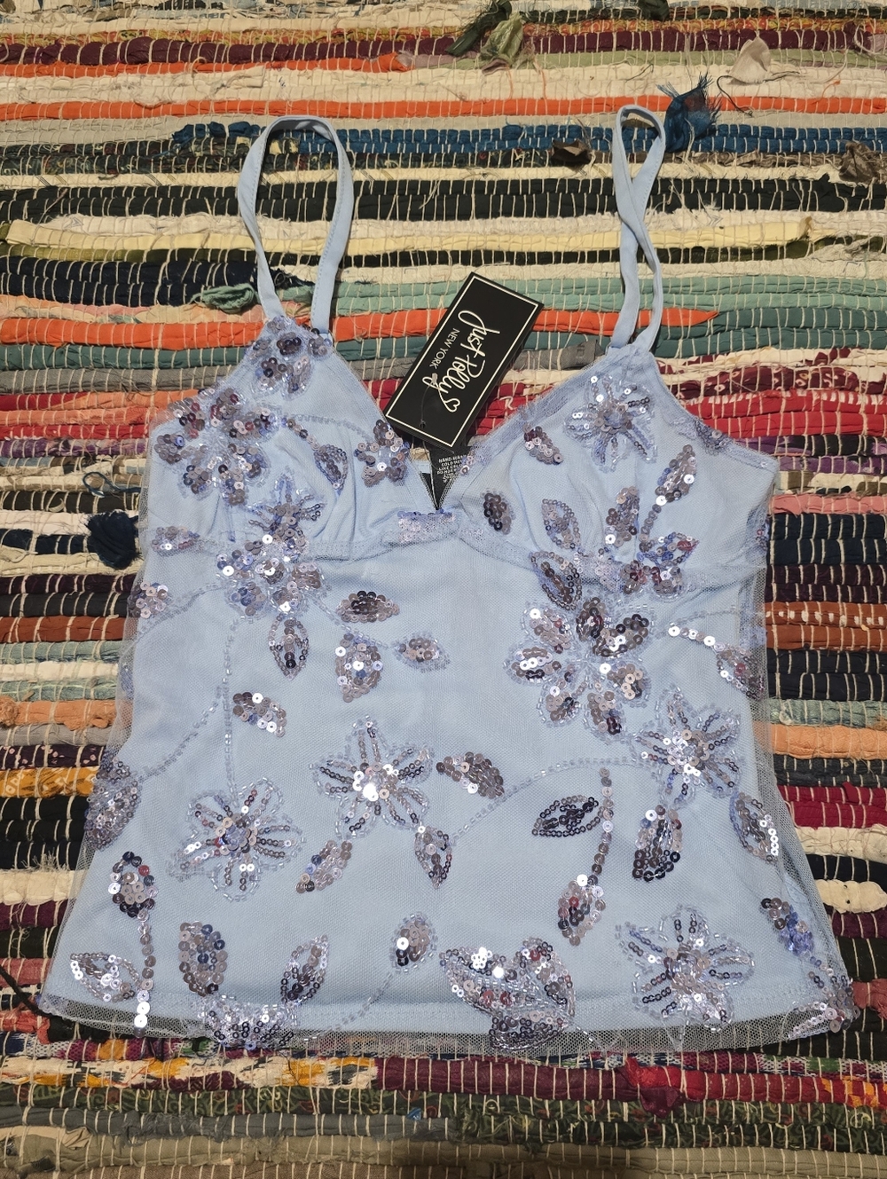 Y2k Top Rhinestones Beaded Tank Top Blue Beaded Y2k Style Tank Small Vintage